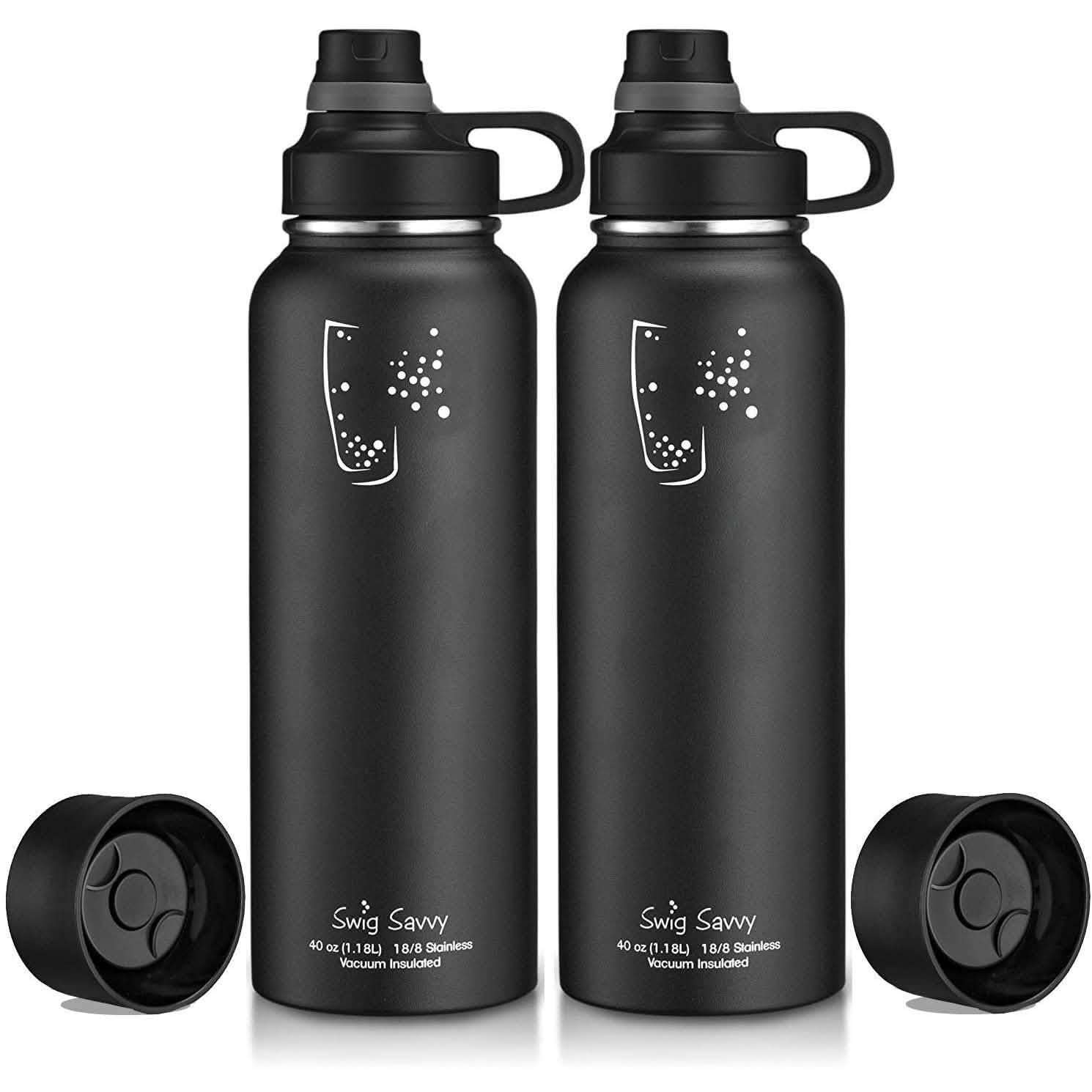 2-Pack: Stainless Steel Wide Mouth Insulated Water Bottle with Interchangeable Caps