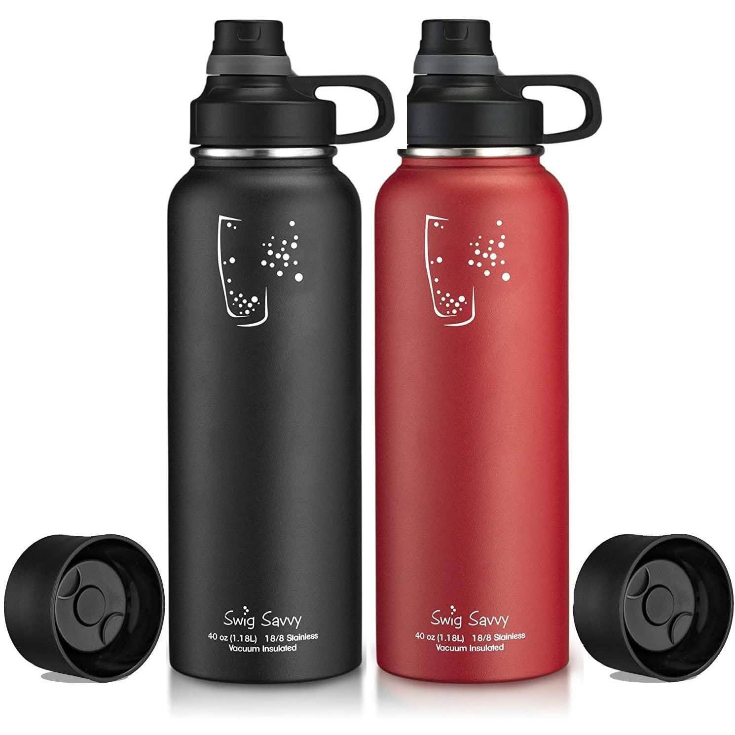 2-Pack: Stainless Steel Wide Mouth Insulated Water Bottle with Interchangeable Caps