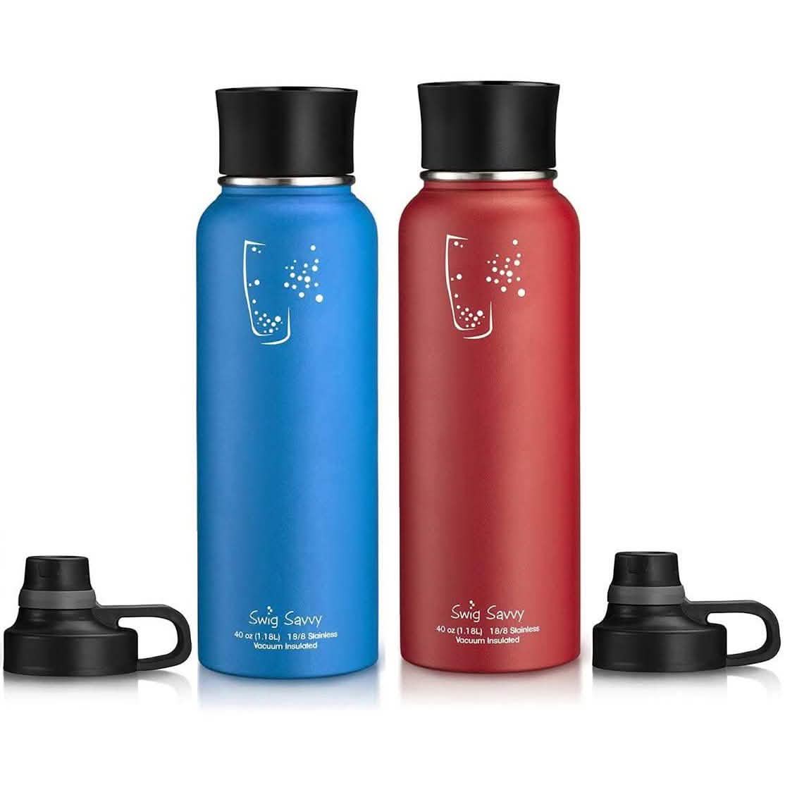 2-Pack: Stainless Steel Wide Mouth Insulated Water Bottle with Interchangeable Caps