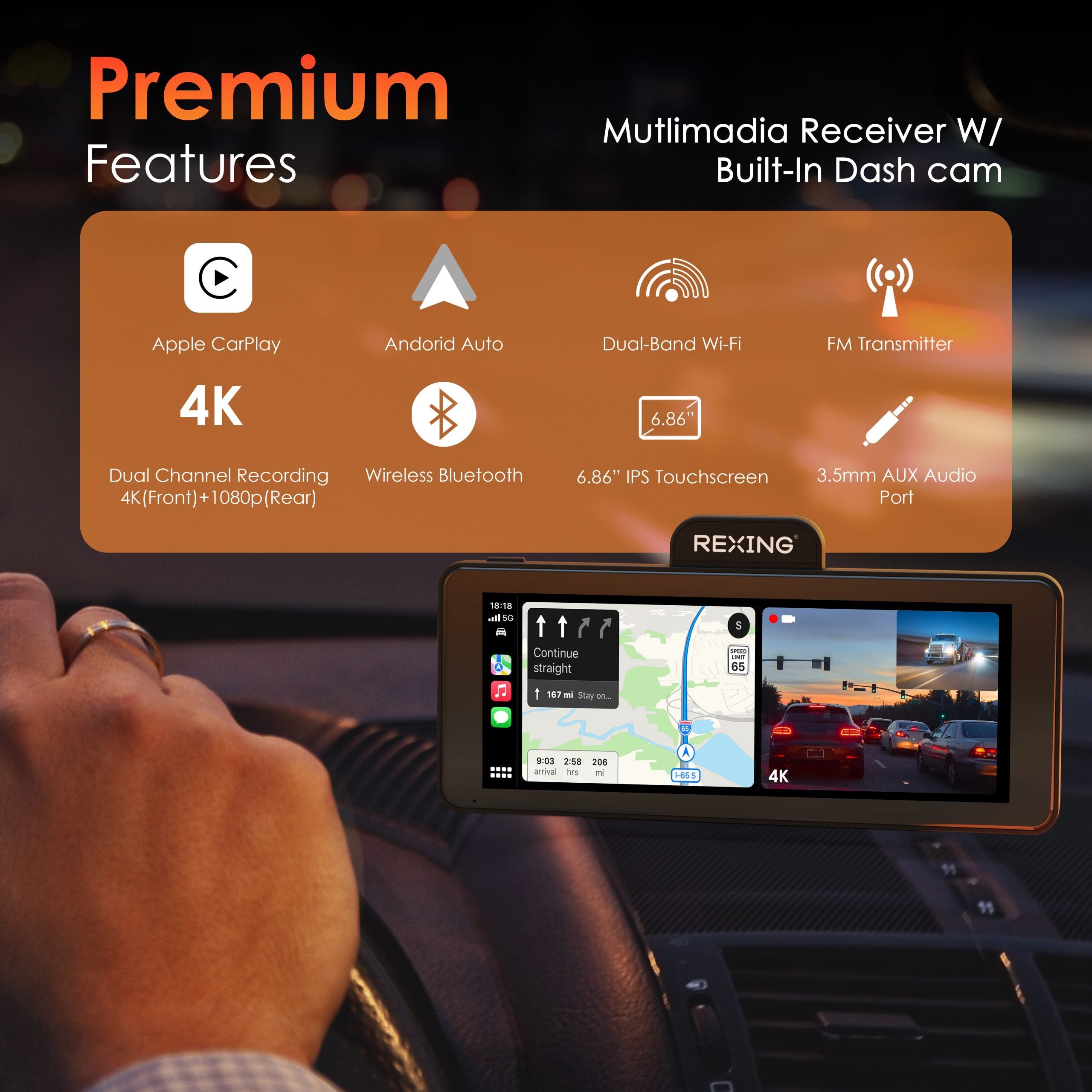 Rexing CP DUO 686 Wireless Apple CarPlay & Android Auto Display with 4K Dash Cam (Open Box)