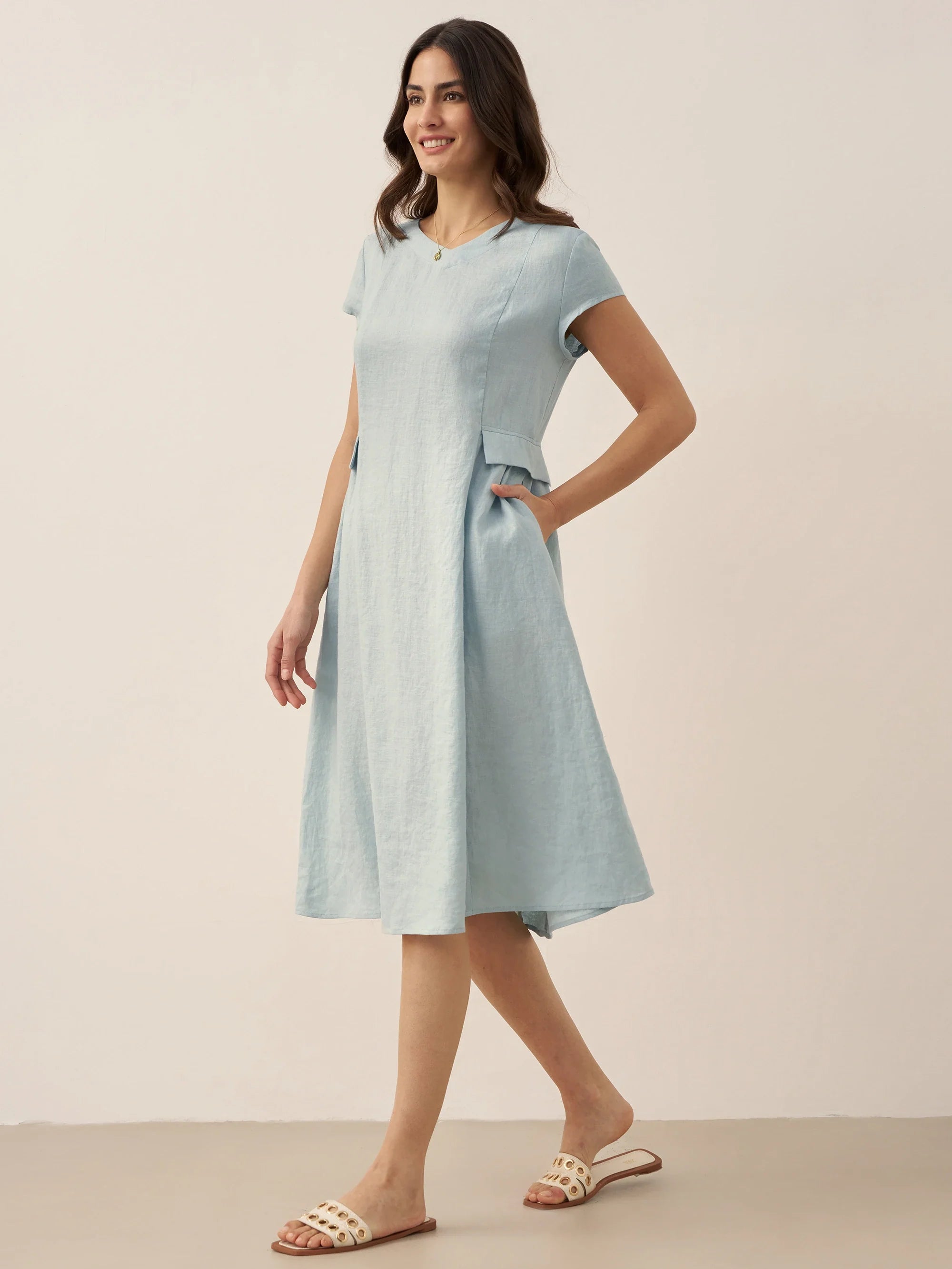 100% Linen Natural Summer V-Neck Dress ALEXA