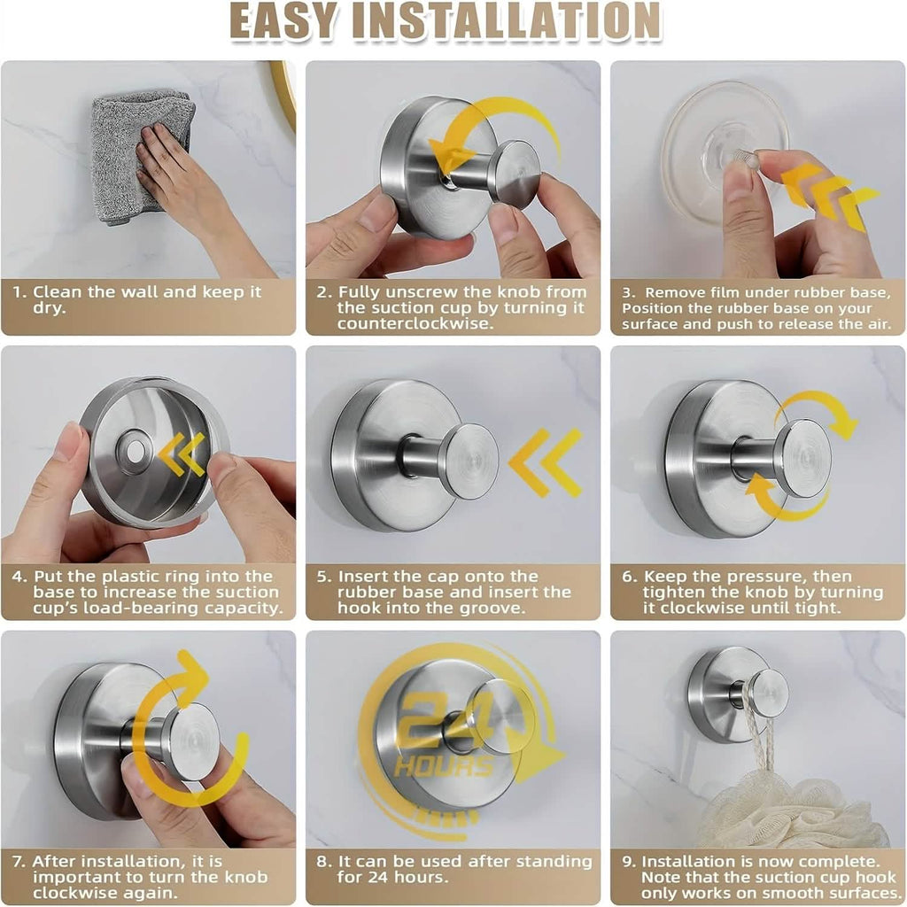 2-Pack: Strong Suction Cup Hooks – Silver Brushed Stainless Steel, No Drilling Required