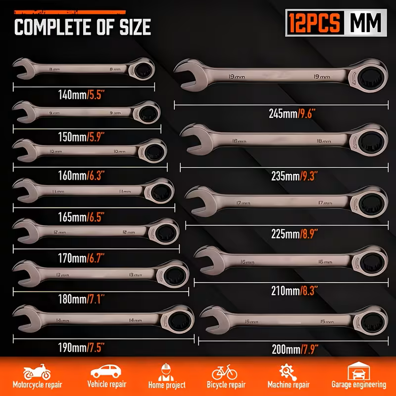 2/10/12/24 PCS Ratcheting Wrench Set SAE Metric - Steel Combination Spanner Kit