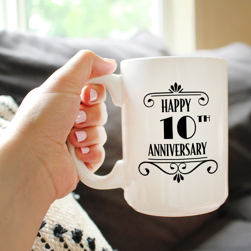Happy 10th Anniversary Coffee Mug Gifts 10 Year Anniversary Art Deco Party Decor White Ceramic Coffee Cup