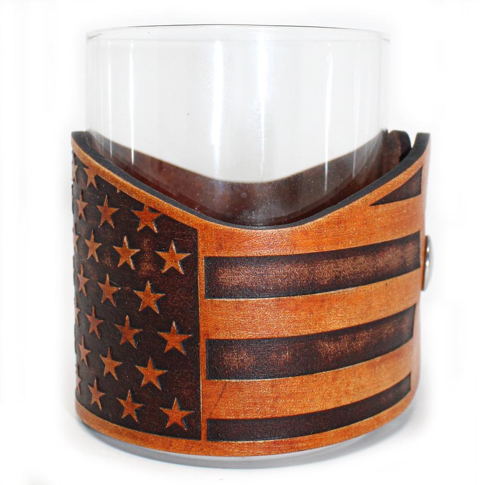Whiskey Glass Leather Wrap - Stars and Stripes Horizontal Rocks Glass
