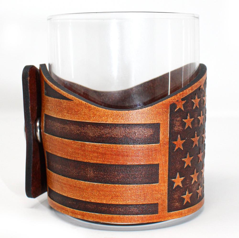 Whiskey Glass Leather Wrap - Stars and Stripes Horizontal Rocks Glass