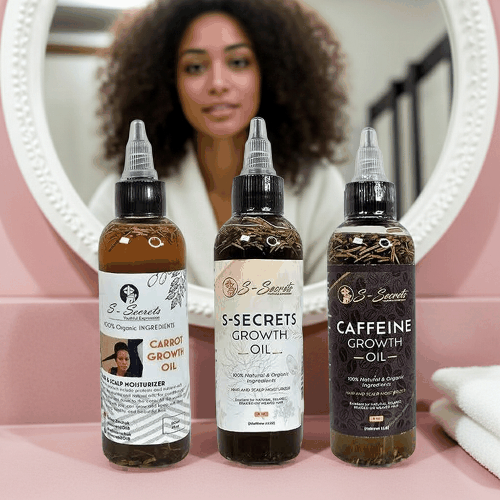 S-Secrets Hair Growth oil Bundle - Ultimate 3 x 4oz Bottles with Biotin, Ayurvedic Herbs, Essential Oils, Saw Palmetto & Scalp Stimulator Oil
