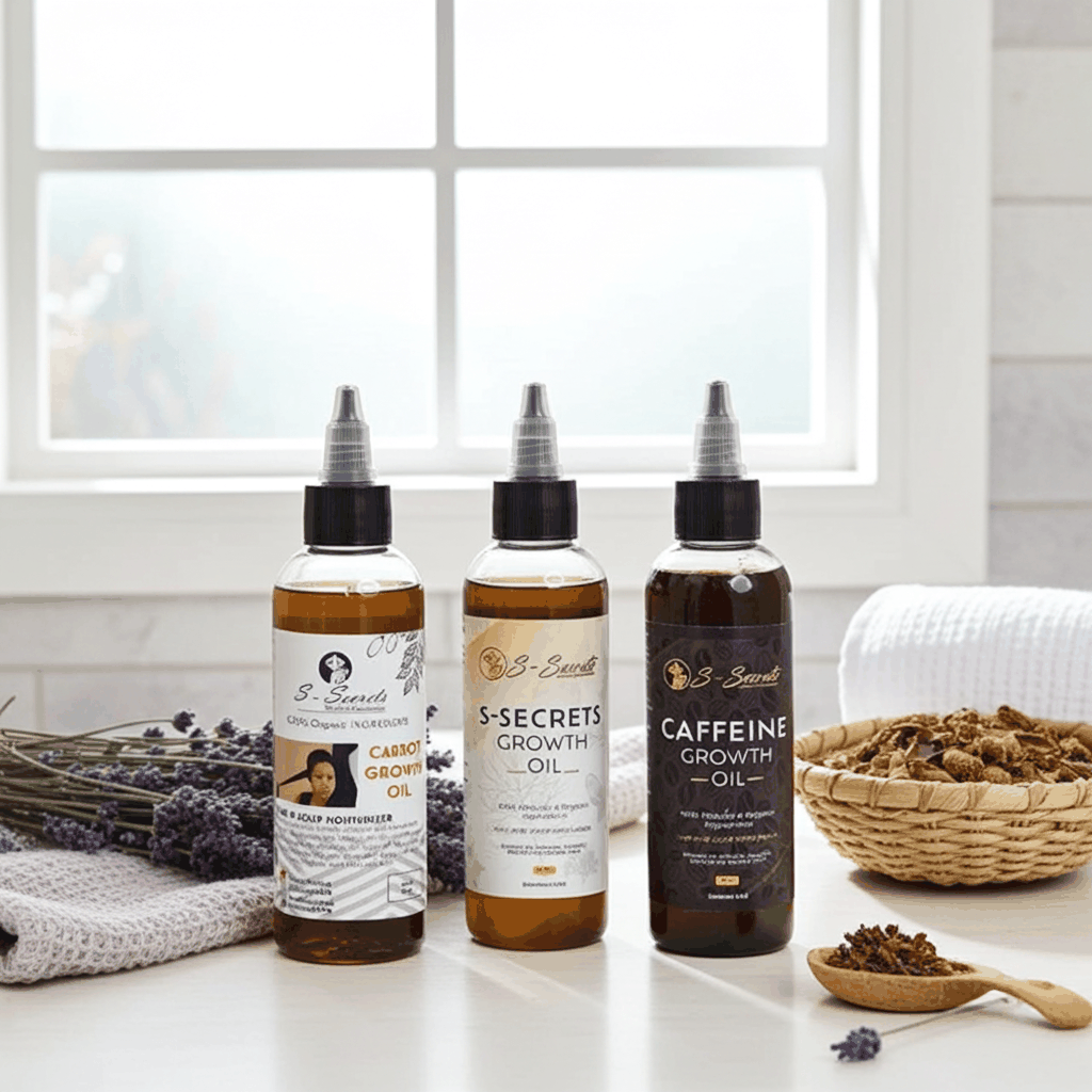 S-Secrets Hair Growth oil Bundle - Ultimate 3 x 4oz Bottles with Biotin, Ayurvedic Herbs, Essential Oils, Saw Palmetto & Scalp Stimulator Oil