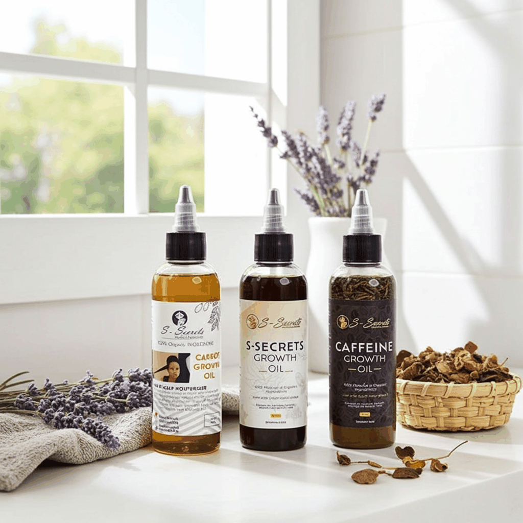 S-Secrets Hair Growth oil Bundle - Ultimate 3 x 4oz Bottles with Biotin, Ayurvedic Herbs, Essential Oils, Saw Palmetto & Scalp Stimulator Oil