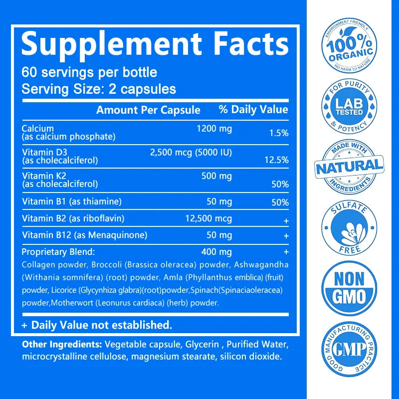 Calcium + D3 + K2 + B12 Capsules - Support Bone and Muscle Health, Replenish Joints