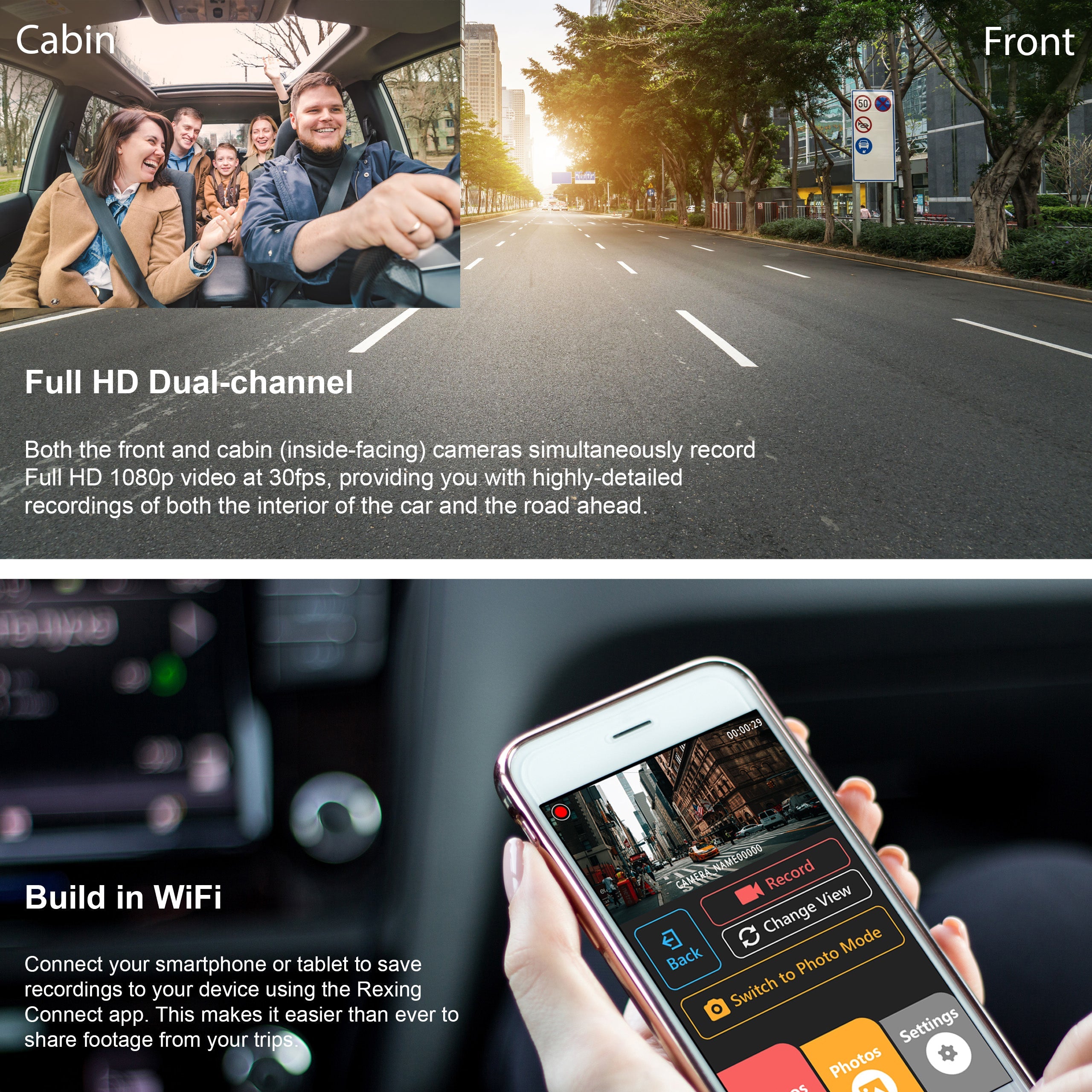 Rexing V3C Dual Camera Front and Inside Cabin Full HD 1080p Dash Cam with WiFi (Open Box)