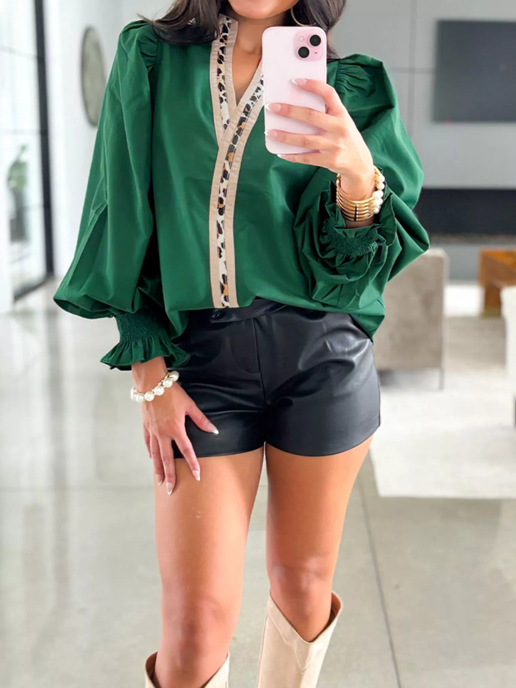 Puffy Flounce Sleeve Leopard Trim V Neck Blouse