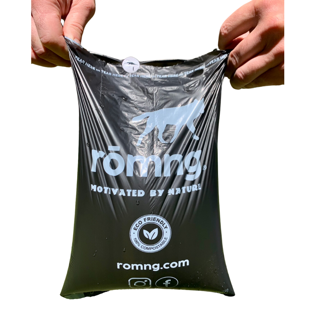 compostable plant-based dog poop bags + bamboo dispenser