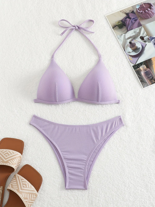 Bikini Rib Knit Solid Color Triangle 2 Piece Swimsuit for Women – Adjustable Tie Back Halter Bikini Set with Spaghetti Straps – High Stretch Polyester Swimwear for Summer Beachwear Poolside Relaxation and Tropical Vacation