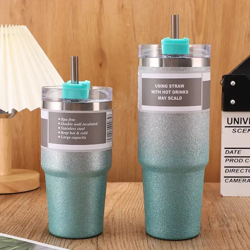 Glitter pink blue & teal stainless steel water bottle kitchen mug